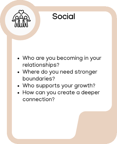 Social coaching questions — who you're becoming in relationships, boundaries, support, deeper connection.
